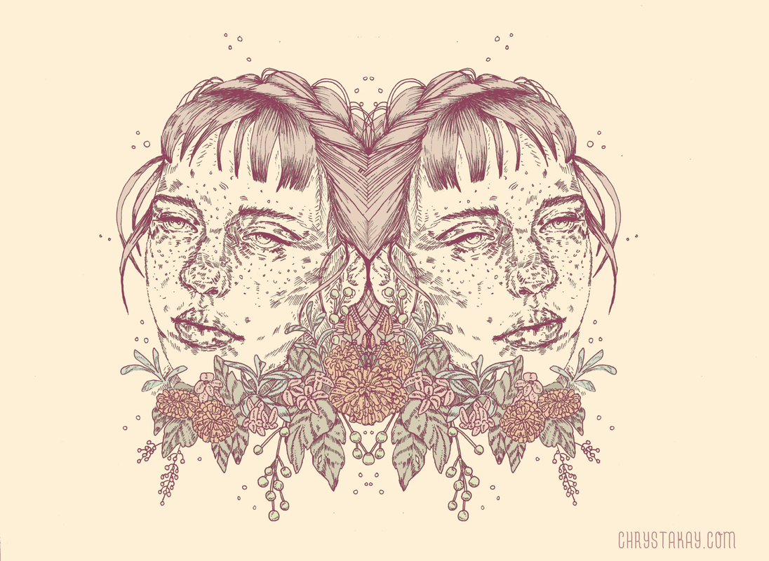 Image of an illustration of a  two headed woman surrounded by marigold flowers. 