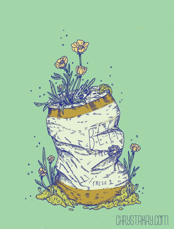 Image of digital pop surrealism illustration of a crushed beer can being taken over by flowers and moss. 